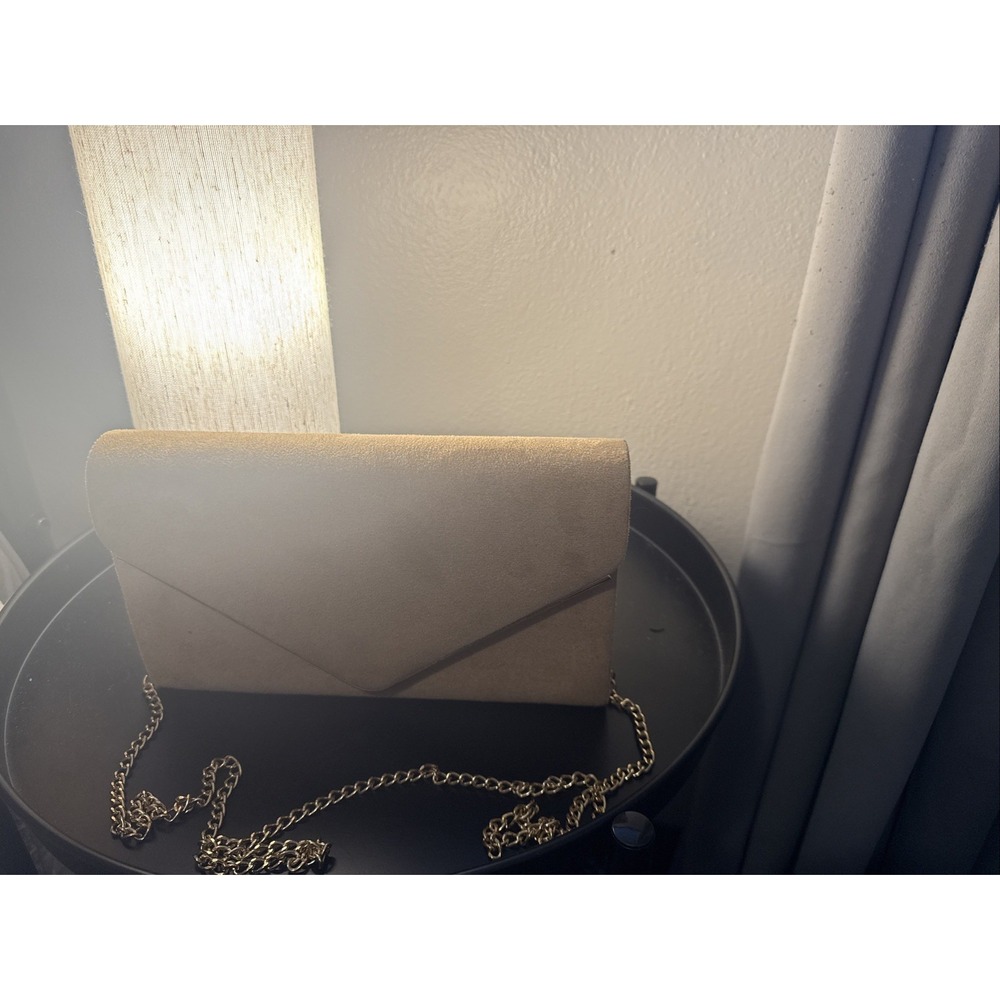 Dasein Purse Envelope Clutch Bag Women Beige Good Faux Suede Gold Chain‎ Evening